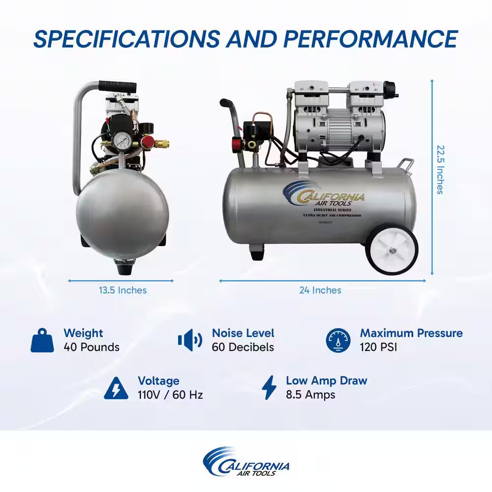 Ultra Quiet and Oil-Free 1.0 HP 8.0 Gal. 120 PSI Electric Aluminum Tank Air Compressor