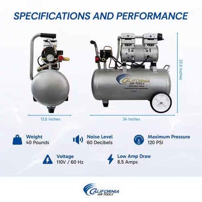 Ultra Quiet and Oil-Free 1.0 HP 8.0 Gal. 120 PSI Electric Aluminum Tank Air Compressor