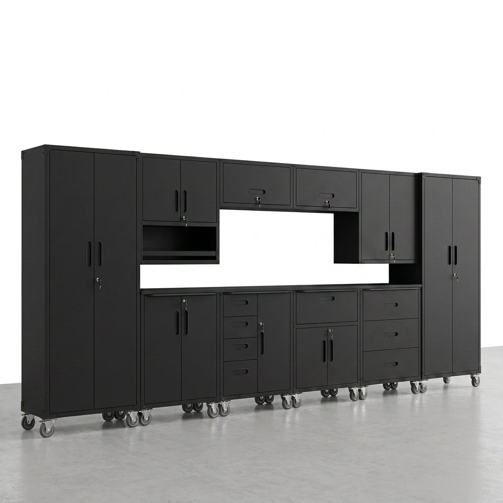 10-Piece Heavy Duty Steel Garage Cabinet System | All-In-One Modular Garage Cabinet Set for Ultimate Workshop Organization | Easy Assembly Garage Storage Cabinets & Tool Bench (Black) — Studio Shot