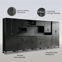 10-Piece Heavy Duty Steel Garage Cabinet System | All-In-One Modular Garage Cabinet Set for Ultimate Workshop Organization | Easy Assembly Garage Storage Cabinets & Tool Bench (Black) — infographic