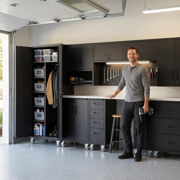 Garage Cabinet System Built for Ultimate Workshop Organization, Heavy Duty Steel, Modular Design, Tool Bench
