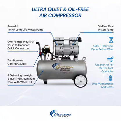 Ultra Quiet and Oil-Free 1.0 HP 8.0 Gal. 120 PSI Electric Aluminum Tank Air Compressor