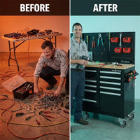 Heavy-Duty 62 In. W X 22 In. D 10-Drawer Black Tool Chest Mobile Workbench Cabinet with Pegboard Back Wall — Before & After