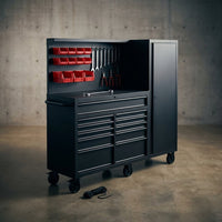 Heavy-Duty 62 In. W X 22 In. D 10-Drawer Black Tool Chest Mobile Workbench Cabinet with Pegboard Back Wall — Studio Shot