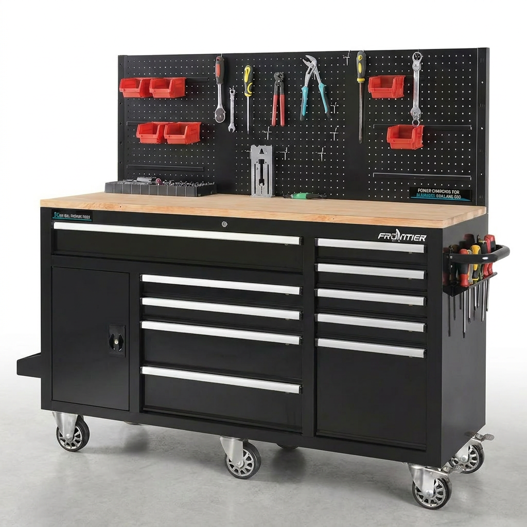 Heavy-Duty 62 In. W X 22 In. D 10-Drawer Black Tool Chest Mobile Workbench Cabinet with Pegboard Back Wall — Studio Shot