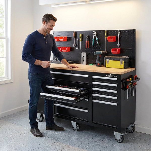 Mobile Tool Workbench Built for Heavy Projects, 10 Drawers, Pegboard Back Wall, Rubber Wood Top