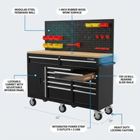 Heavy-Duty 62 In. W X 22 In. D 10-Drawer Black Tool Chest Mobile Workbench Cabinet with Pegboard Back Wall — How It Works