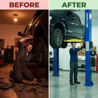 Heavy-Duty Car Lift Engineered for Professional Garages, 12,000 Lbs Capacity, 220V Motor, Single-Point Lock — Before & After